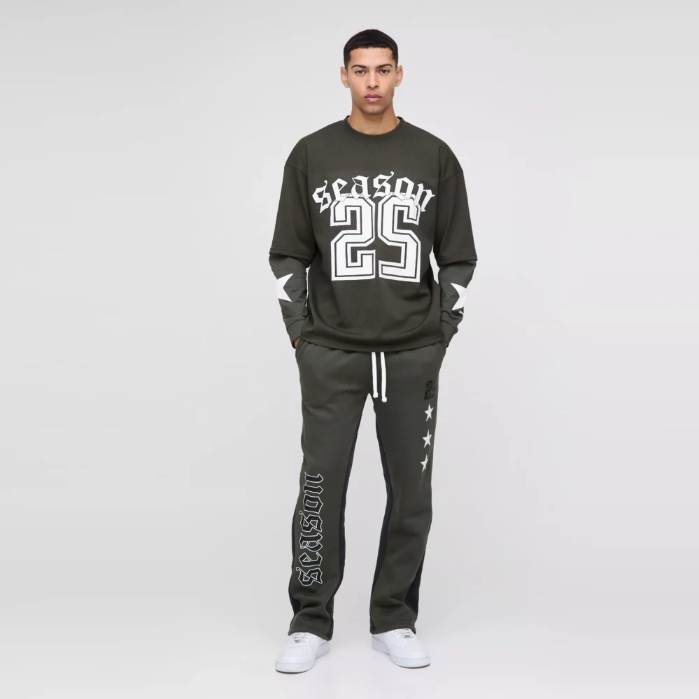 Oversized Mesh Layer Varsity Printed Gusset T-Shirt & Jogger Set