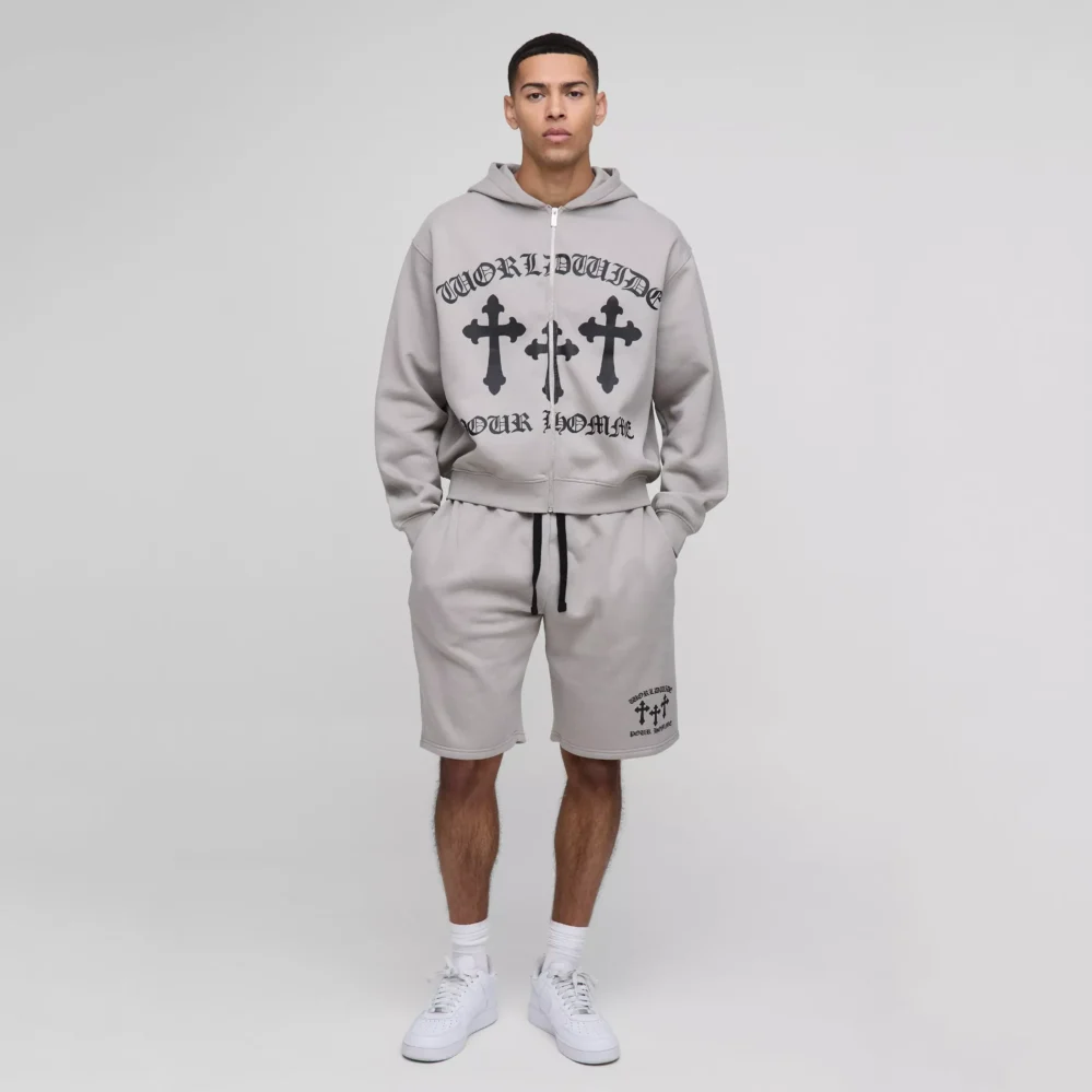 Oversized Worldwide Cross Zip Hooded Short Tracksuit